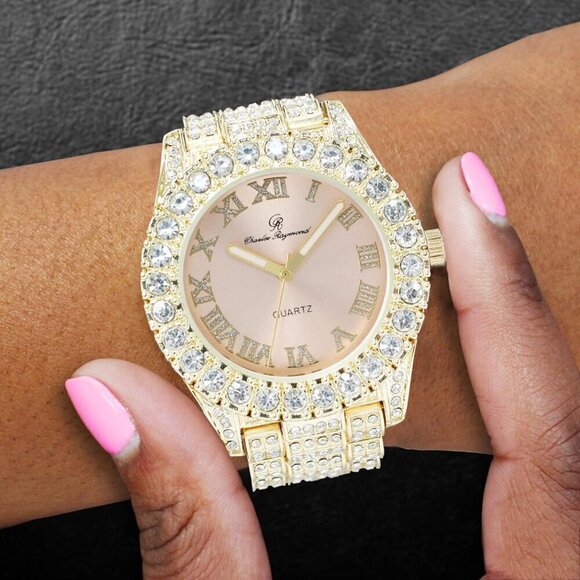 ✨ Charles Raymond Watch Women Gold Big Rocks Bezel Dial Roman Numeral Out Watch - Picture 4 of 4
